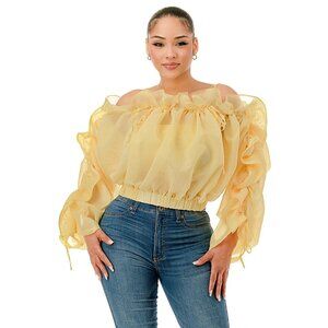 Yellow "Sheer Drama" Off-Shoulder Ruffle Top – Plus Size Chic